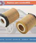 Mercedes-Benz Oil Filter Replacement Kit Two Pack For 2012-2023 C300 CLA250 E300 oil filters with car in background