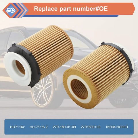 Mercedes-Benz Oil Filter Replacement Kit Two Pack For 2012-2023 C300 CLA250 E300 oil filters with car in background