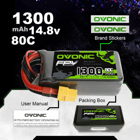 3S LiPo Battery 1300mAh 11.1V 80C Burst XT60 for RC FPV Racing Drones Quadcopters with manual and packaging box