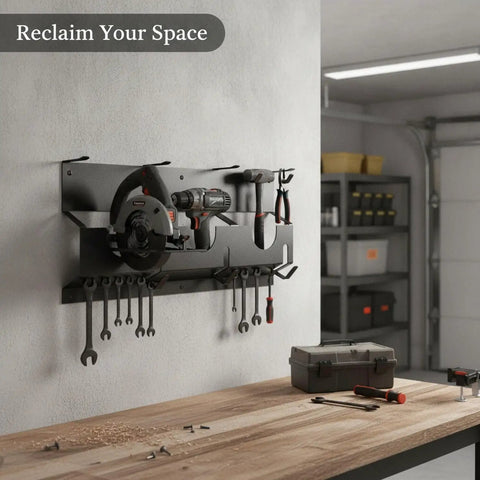 Heavy Duty Iron Wall Mounted Tool Rack For Garage And Workshop Vertical Storage Organizer with tools in busy home garage