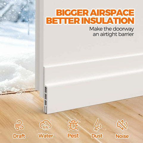 Door Draft Stopper Weather Stripping Kit Easy Install 41 Inch Long 2 Inch Wide With Ultra Strong Adhesive For Gaps Up To 1 Inch White Indoor Door Sealing Noise Reduction And Energy Efficiency By Holikme installed on a white door with snow outside.