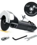 Pro Grade Pneumatic Cut Off Tool Kit with two 3 inch die grinder cut off wheels, metal sheet cutter, wrenches, and 1/4 inch NPT fitting