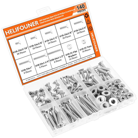 Massive 140 Piece Size 10 24 Phillips Countersunk Machine Screws Nuts And Washers Assortment Kit In 304 Stainless Steel Coarse Thread Fully Threaded For Do It Yourself Home Garage Projects