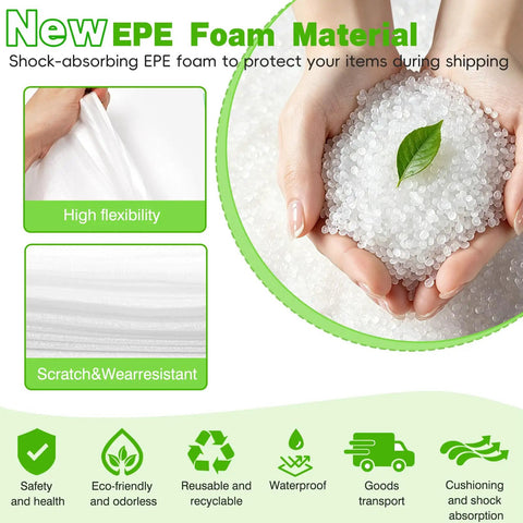 Hands holding new EPE foam material with focus keywords: Heavy Duty Dish Packing Set For Moving Includes 25 Foam Pouches 12x14 Inch Thick One Side 1.5mm And Both Sides 3.0mm 75 Fragile Stickers And A Marker Pen To Shield Dishes And Glassware During Packing Storage For A Smooth Move