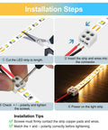 Installation steps for 20 Pack Solderless Led Strip Connectors 2 Pin 10 Mm Screw Lock Tape Light Adapter showing cutting and connecting.