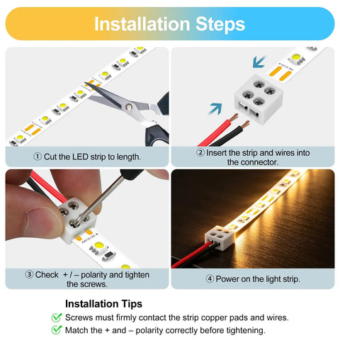 Installation steps for 20 Pack Solderless Led Strip Connectors 2 Pin 10 Mm Screw Lock Tape Light Adapter showing cutting and connecting.