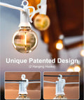 Close-up of 29 Feet LED Outdoor String Lights With Shatterproof G40 Edison Bulbs, highlighting unique hanging hooks in garden setting.