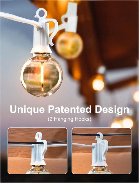 Close-up of 29 Feet LED Outdoor String Lights With Shatterproof G40 Edison Bulbs, highlighting unique hanging hooks in garden setting.