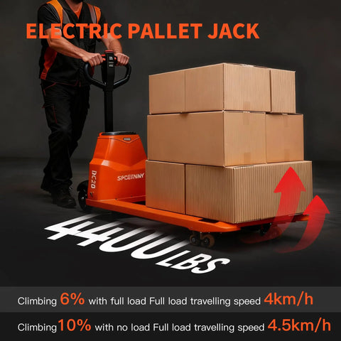 Robust 4400 Lb Capacity Motorized Electric Pallet Jack Truck With Standard Forks handling stacked boxes in a warehouse.