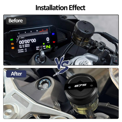 Before and after installation of 675 Series Motorcycle Brake Fluid Reservoir Cap And Front Master Cylinder Cover Anti Leak CNC Aluminum Black Finish Fits 675SS 675SR-R 675SR 675SRR 675NK on motorcycle.