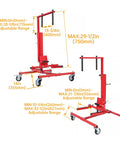 Heavy Duty Adjustable Car Door Installer And Remover Jack Lift Hoist With Swivel Base For Automotive Repair Shop Tools Fits Doors Up To 52 Inches Tall, red with adjustable dimensions.