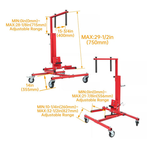 Heavy Duty Adjustable Car Door Installer And Remover Jack Lift Hoist With Swivel Base For Automotive Repair Shop Tools Fits Doors Up To 52 Inches Tall, red with adjustable dimensions.