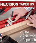Heavy Hitting 48 Inch Precision Taper Jig For Table Saw With Dead On Accurate Angle Adjustment And Slick Extendable Support For Flawless Woodworking Cuts Made In Usa, close-up of hands adjusting jig on wood.