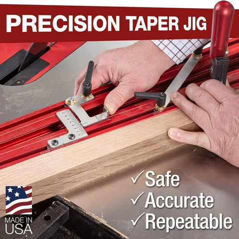 Heavy Hitting 48 Inch Precision Taper Jig For Table Saw With Dead On Accurate Angle Adjustment And Slick Extendable Support For Flawless Woodworking Cuts Made In Usa, close-up of hands adjusting jig on wood.