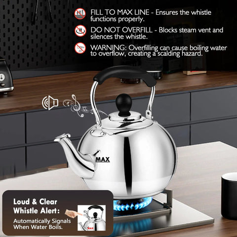 Stovetop 2 Quart Tea Kettle With Whistle In 18/8 Stainless Steel on a gas stovetop, illustrating whistle alert and usage instructions.