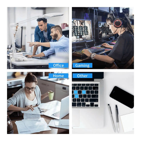Collage of office and home workspaces with computer setups, showcasing gaming, office tasks, and tech gadgets on desk.