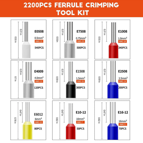 Diagram showing ferrule sizes in 2200 Piece Hexagonal Ferrule Crimping Tool Kit With Self Adjusting Wire Ferrule Crimper For 30 AWG To 5 AWG Connectors.