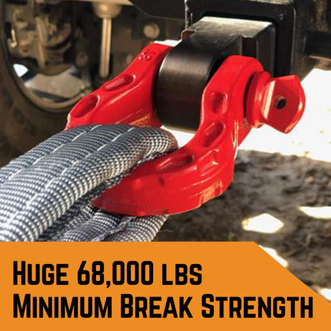 Off Road D Ring Shackles For Recovery, 68,000 Lbs Breaking Strength And 17,000 Lbs Working Load Limit attached to vehicle