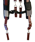 Premium Leather Tool Belt Suspenders With Extra Thick Padding Contoured Yoke For Back Support And Even Load Distribution One Size Fits All Ideal For Construction Work Onsite featuring brown leather straps and metal buckles.