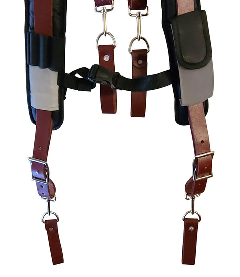 Premium Leather Tool Belt Suspenders With Extra Thick Padding Contoured Yoke For Back Support And Even Load Distribution One Size Fits All Ideal For Construction Work Onsite featuring brown leather straps and metal buckles.