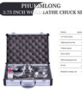 Pro Grade 3.75 Inch Wood Lathe Chuck Set With 4 Jaw Self Centering Scroll Chuck displayed in open aluminum storage case