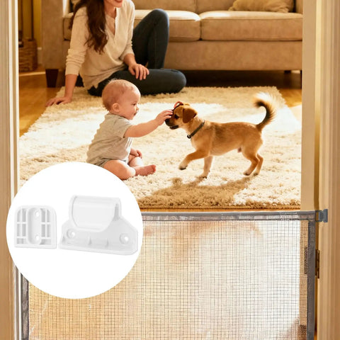 Retractable Baby Safety Gate Replacement Parts Kit White with latches and brackets near child playing with a puppy.