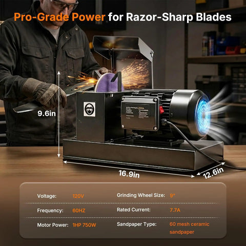 Badass Bench Mower Blade Sharpener With Slick Ceramic Grinding Wheel And Rock Solid 750 Watt Motor For High Low Lift Flat And Gator Blades, 9 inch disc, sparks flying.