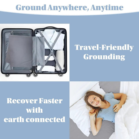 Grounding Sheets With Silver Fiber Conductive Bed Sheet Kit in suitcase and woman sleeping for better sleep and grounding therapy.