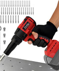 Upgraded Brushless Cordless Rivet Gun Tool Compatible With Milwaukee 18v Battery Includes Three Sizes Aluminum Rivets And Bright LED Light For Daily Workhorse Tasks No Battery Included Red, held above metal sheet with rivets.