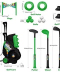 Kid Tested Retractable Toddler Golf Clubs Set With Smooth Rounded Shafts And Jumbo Safety Balls Perfect For Little Swingers Ages One To Four includes colorful golf cart, clubs, tees, jumbo balls and flags.