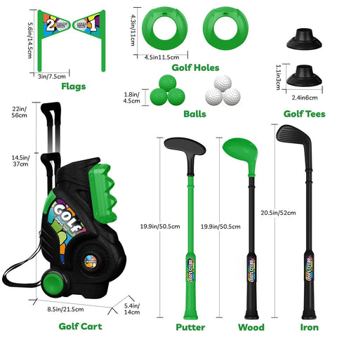Kid Tested Retractable Toddler Golf Clubs Set With Smooth Rounded Shafts And Jumbo Safety Balls Perfect For Little Swingers Ages One To Four includes colorful golf cart, clubs, tees, jumbo balls and flags.