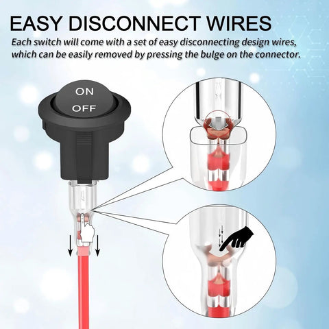 12V Round Rocker Switch On Off SPST Prewired 2 Pin DC Power Toggle For Car Stereo Marine Boat RV Truck Panel Mount Easy Disconnect Wires