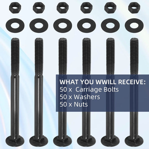 Front view of six 3/8 x 6 in galvanized carriage bolts with washers and nuts