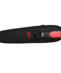 Double Sided Duct Knife With Smooth And Serrated Edges includes puncture resistant nylon sheath and Velcro strap, ergonomic handle visible