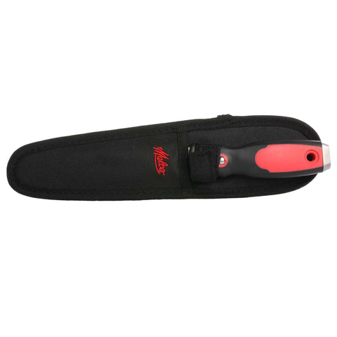 Double Sided Duct Knife With Smooth And Serrated Edges includes puncture resistant nylon sheath and Velcro strap, ergonomic handle visible