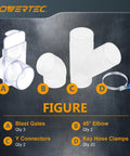 Components of 4-Inch Three-Machine Dust Collection Kit With 2 45-Degree Elbow Connectors, 2 Y-Fittings, 3 Blast Gates, and 20 Hose Clamps