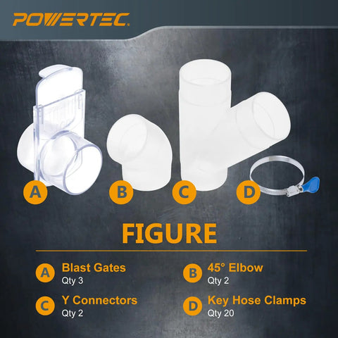 Components of 4-Inch Three-Machine Dust Collection Kit With 2 45-Degree Elbow Connectors, 2 Y-Fittings, 3 Blast Gates, and 20 Hose Clamps