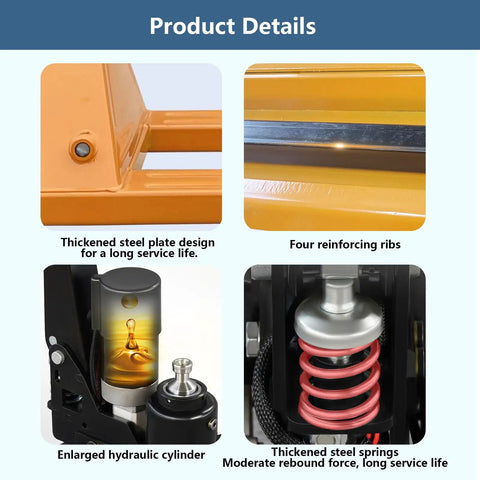 Product details of Heavy Duty Electric Pallet Truck With 4400 Lb Capacity, featuring thickened steel plate and hydraulic cylinder.