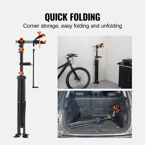 Heavy Duty Bike Repair Stand With Four Leg Base Adjustable 42.5 To 74.8 Inch Height Foldable Maintenance Stand With Magnetic Tool Tray Steel Construction 80 Lb Capacity Built For Home Garage And Shop shown folded, standing, and stored in car trunk.