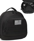Scuba Regulator Bag With Adjustable Shoulder Strap Tactical Style Protective Storage For Regulator Octopus Gloves SMB Dive Light Camera Hose Cutter And Other Gear Black with US flag patch and open pocket showing dive equipment.