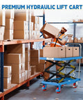 Warehouse worker using Double Scissor Lift Cart With 50 Inch Lift Height And 330 Lb Capacity, non-slip pad, four PU wheels