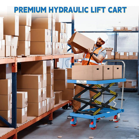 Warehouse worker using Double Scissor Lift Cart With 50 Inch Lift Height And 330 Lb Capacity, non-slip pad, four PU wheels