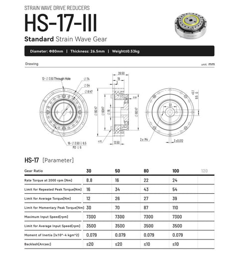 Detailed specifications of Harmonic Drive HS-17-III SHF-17-III Strain Wave Gearbox with beefy torque for robotic arm and BLDC servo motor.