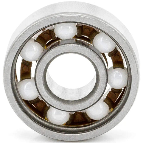 Top Shelf 608 Open Style Deep Groove Radial Ceramic Ball Bearings Bulk Pack Of One Hundred Silicon Nitride Rings Measuring 8 By 22 By 7 Mm showing ceramic balls inside.