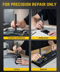 Slick Electric Screwdriver Set With Push To Release Trigger And RevoStor Magnetic Rotation Compact Precision Driver Kit for tech repairs on laptop, phone, camera, and keyboard.