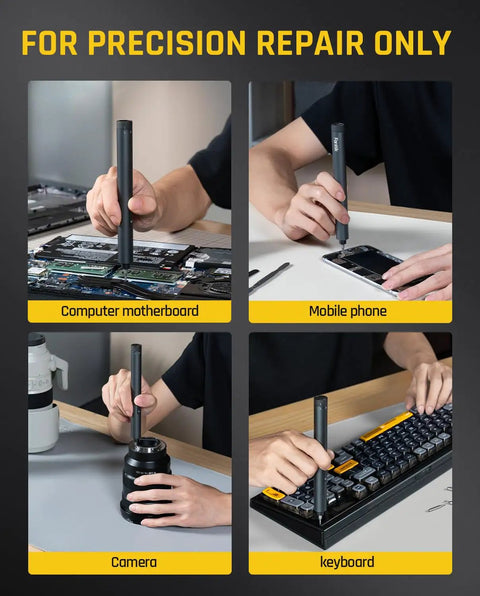 Slick Electric Screwdriver Set With Push To Release Trigger And RevoStor Magnetic Rotation Compact Precision Driver Kit for tech repairs on laptop, phone, camera, and keyboard.