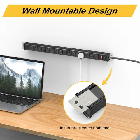 Wall-mounted Beefy 16 Outlet Surge Protector Power Strip With 10 Ft Extension Cord Built In Circuit Breaker for garage use