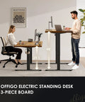 71 Inch Electric Standing Desk With Height Adjustable Sit Stand System Built In Power Outlet 3 Piece Desktop 1.38 Inch Thick Rustic Brown shown in office setting