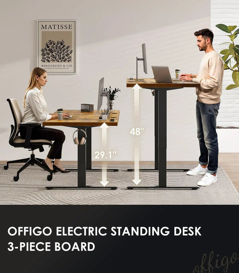 71 Inch Electric Standing Desk With Height Adjustable Sit Stand System Built In Power Outlet 3 Piece Desktop 1.38 Inch Thick Rustic Brown shown in office setting