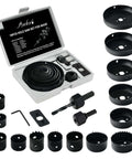 Axelord front-view 19-piece hole saw set in storage case; 3/4–5 in blades with mandrels, drill bits, hex key for wood, plastic, drywall